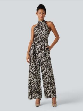 Halara Leopard Print Halter Jumpsuit Wide Leg Belted Party Workwear Casual M